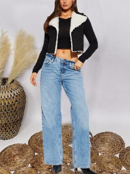 Winter Essential Fluff Cropped Black Lapel Vest