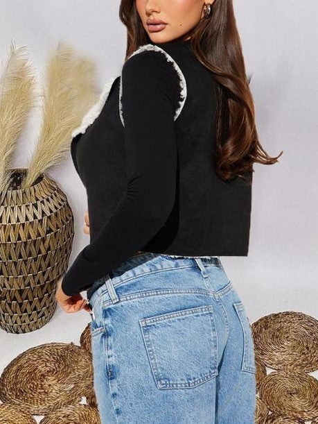 Winter Essential Fluff Cropped Black Lapel Vest