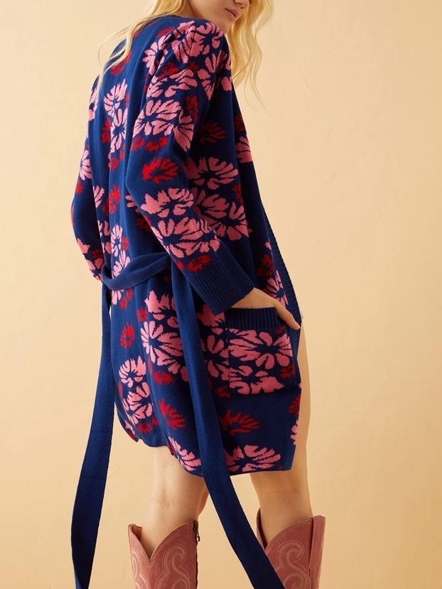 Winter Essential Royal Blue Long Sleeve Floral Cardigan