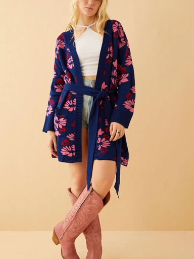 Winter Essential Royal Blue Long Sleeve Floral Cardigan