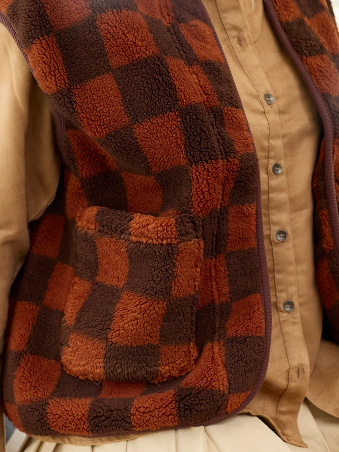 Winter Fashion Brown Checkered Sleeveless Vest Jacket
