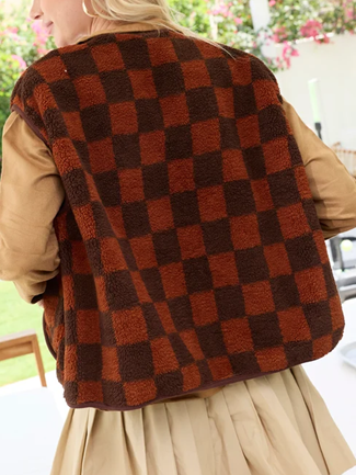 Winter Fashion Brown Checkered Sleeveless Vest Jacket