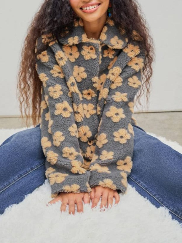 Winter Fashion Floral Lapel Button Up Coat