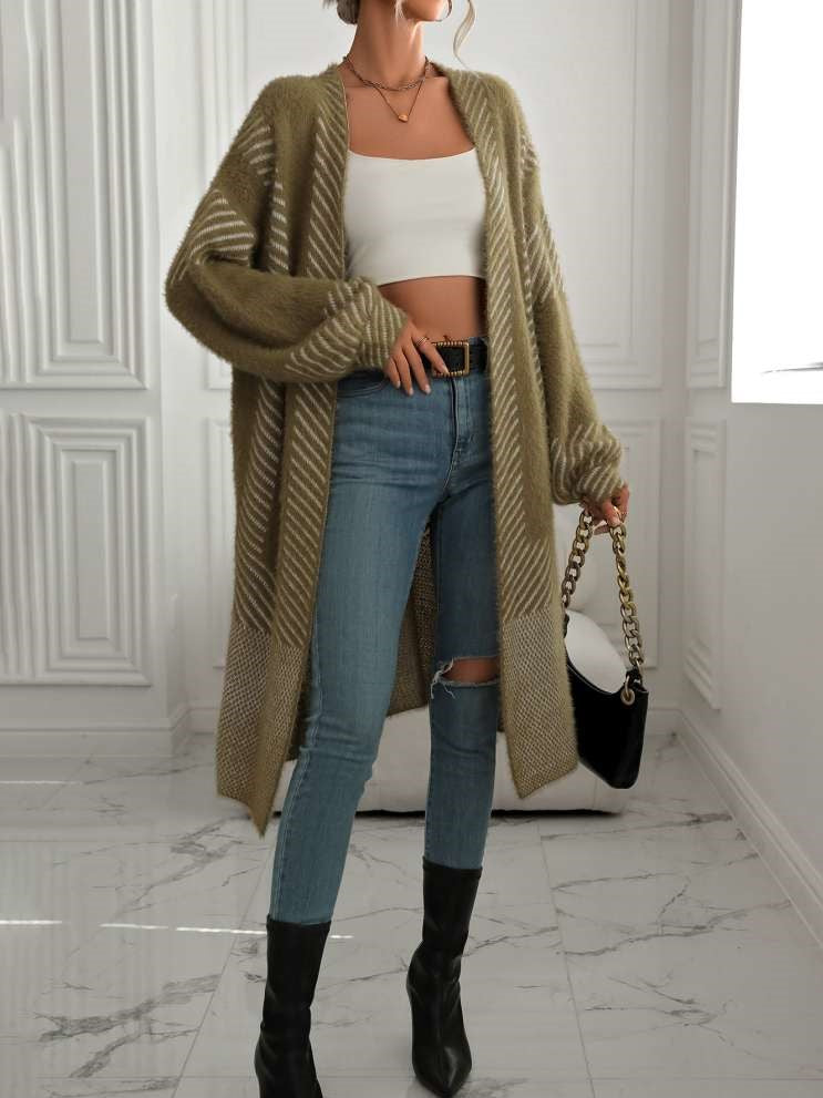 Winter Fashion Geometric Pattern Long Sleeve Green Cardigan