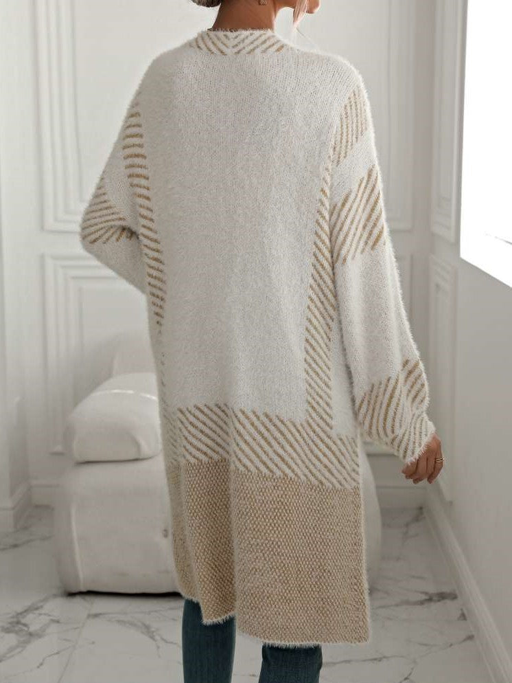 Winter Fashion Geometric Pattern Long Sleeve Beige Cardigan
