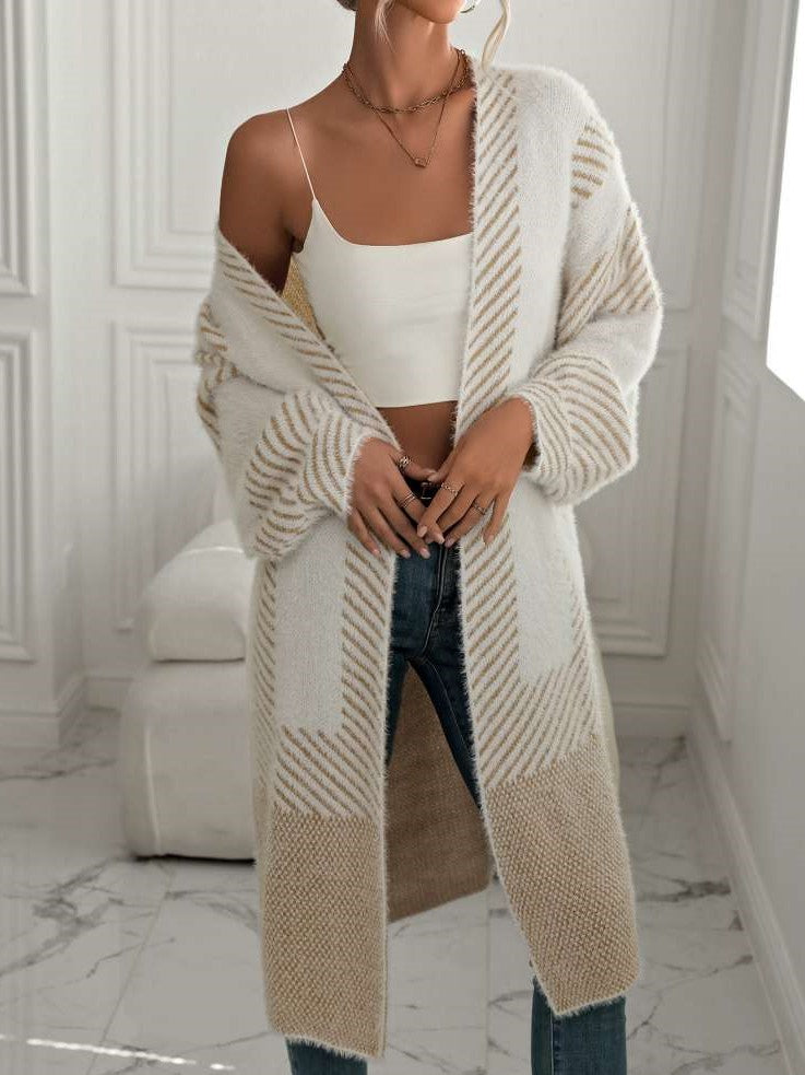 Winter Fashion Geometric Pattern Long Sleeve Beige Cardigan