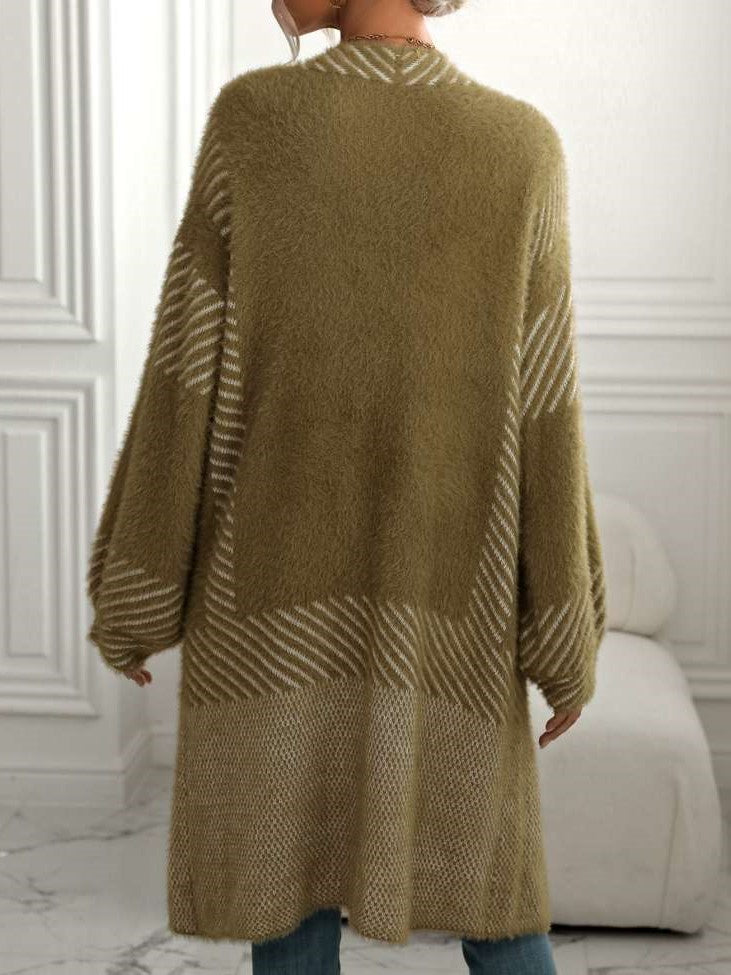 Winter Fashion Geometric Pattern Long Sleeve Green Cardigan