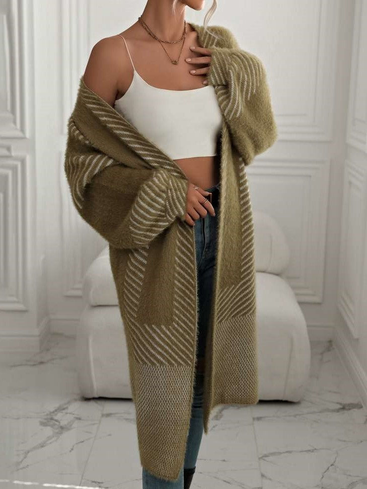 Winter Fashion Geometric Pattern Long Sleeve Green Cardigan