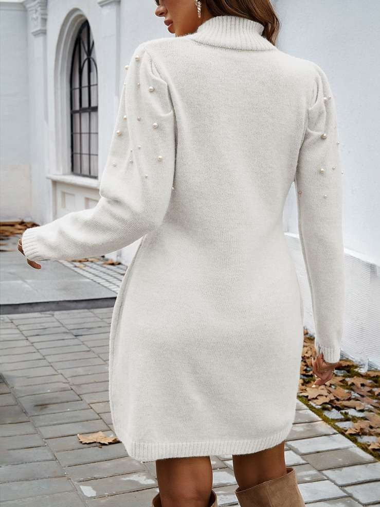 Winter Fashion Long Sleeve Turtle Neck Beading White Pullover Dress