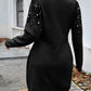 Winter Fashion Long Sleeve Turtle Neck Beading Black Pullover Dress