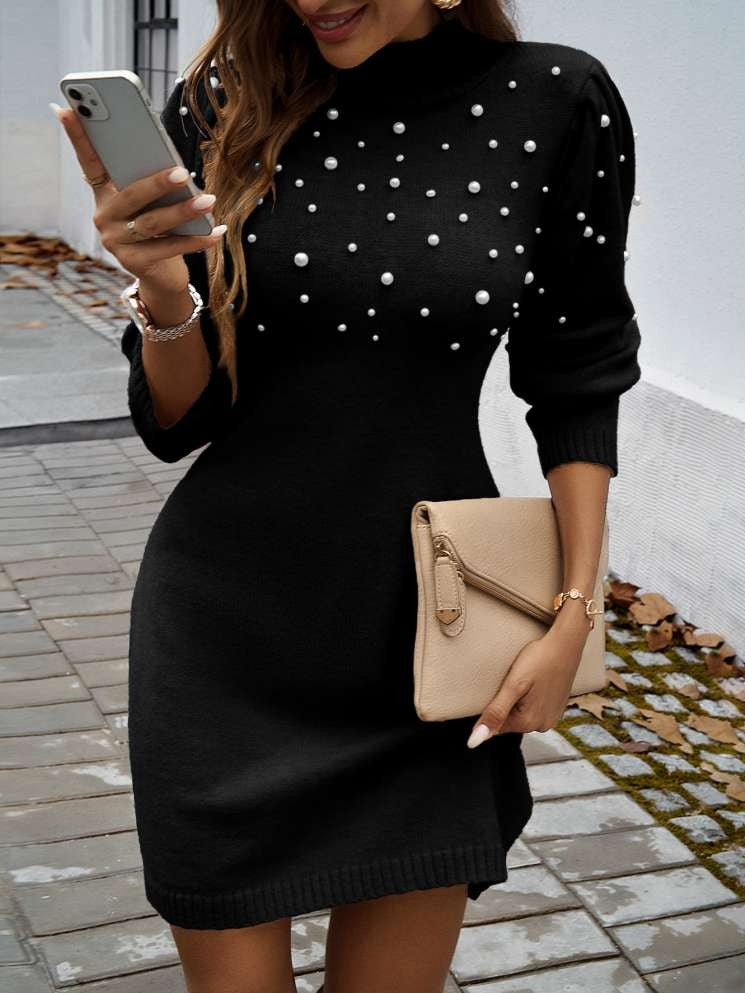 Winter Fashion Long Sleeve Turtle Neck Beading Black Pullover Dress