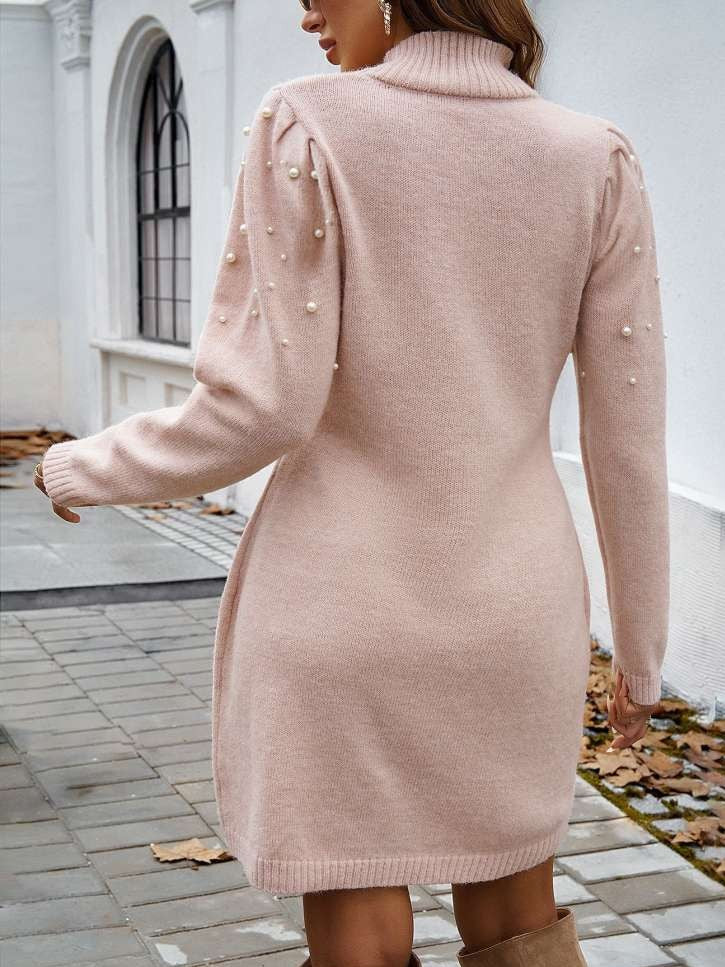 Winter Fashion Long Sleeve Turtle Neck Beading Pink Pullover Dress