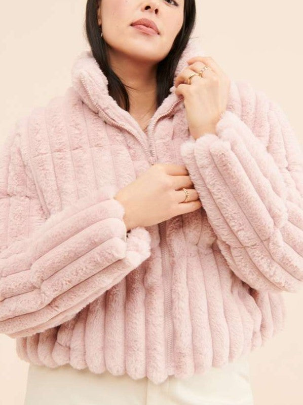 Winter Fashion PInk Faux Fur Stand Collar Short Coat