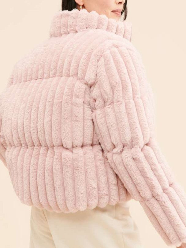 Winter Fashion PInk Faux Fur Stand Collar Short Coat