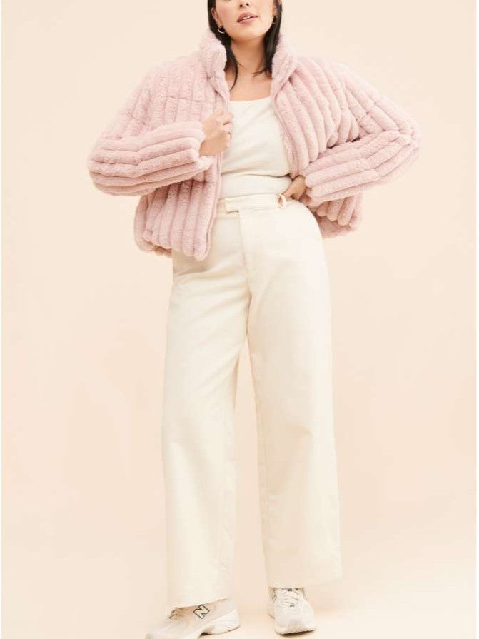 Winter Fashion PInk Faux Fur Stand Collar Short Coat