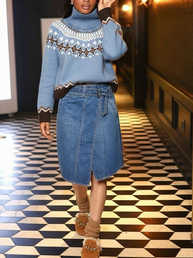 Winter Fashion Polo Neck Knit Blue Sweater