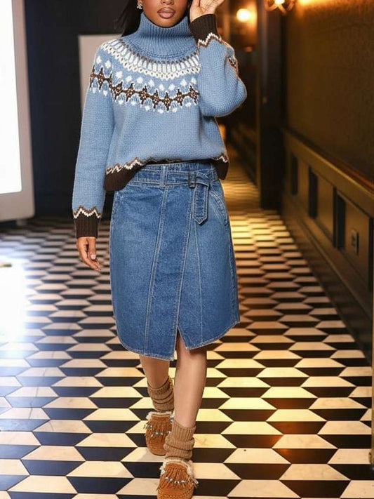 Winter Fashion Polo Neck Knit Blue Sweater