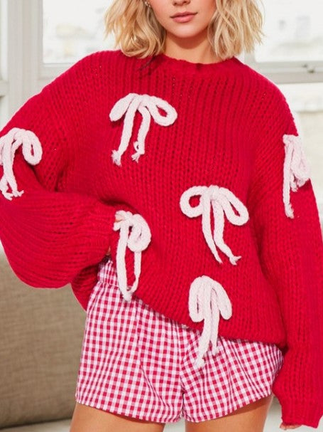 Winter Style Bow Patchwork Loose Sweater