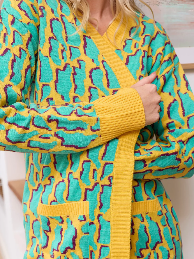 Winter Style Bright Long Sleeve Abstract Cardigan