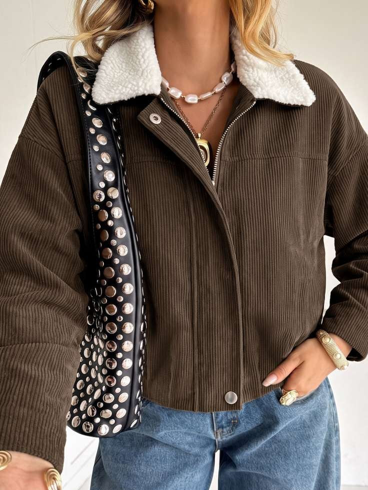 Winter Style Colorblock Lapel Corduroy Coat