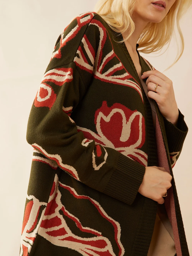 Winter Style Floral Green Cardigan