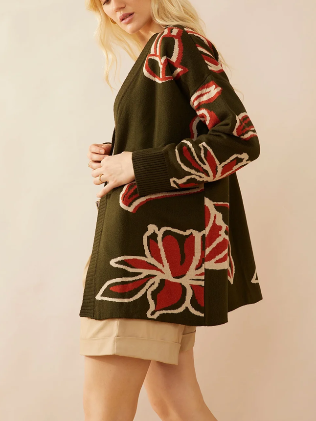 Winter Style Floral Green Cardigan