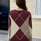 Winter Style Rhombus Lattice V Neck Burgundy Pullover Sweater