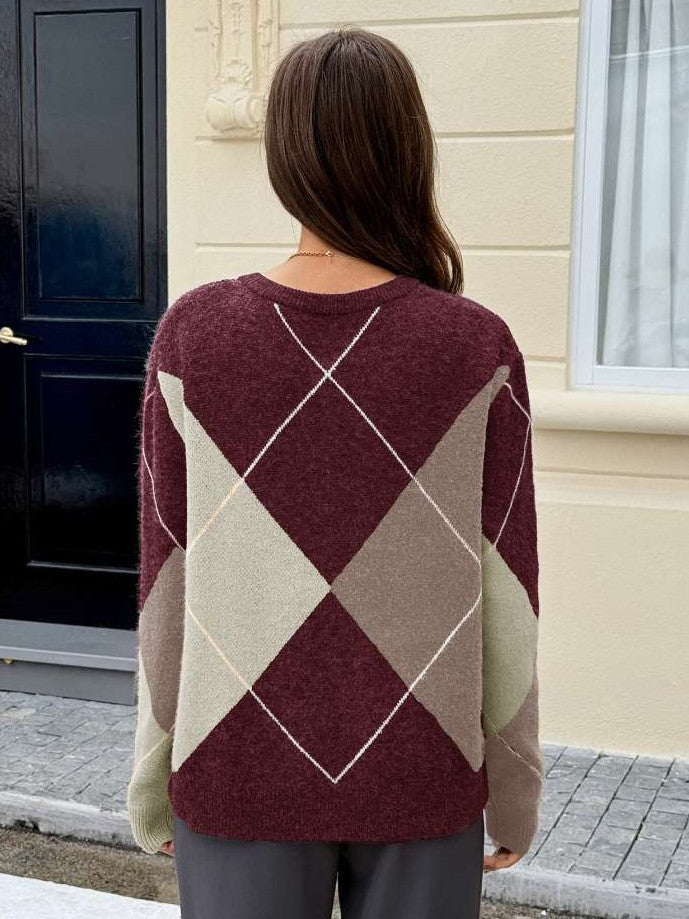Winter Style Rhombus Lattice V Neck Burgundy Pullover Sweater