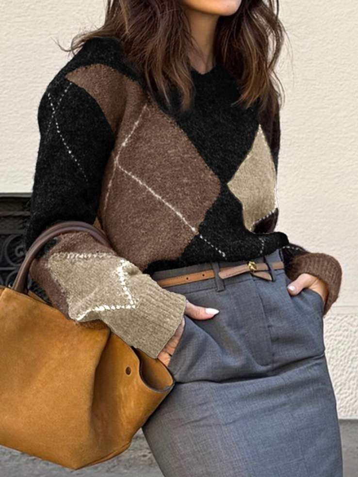 Winter Style Rhombus Lattice V Neck Black Pullover Sweater