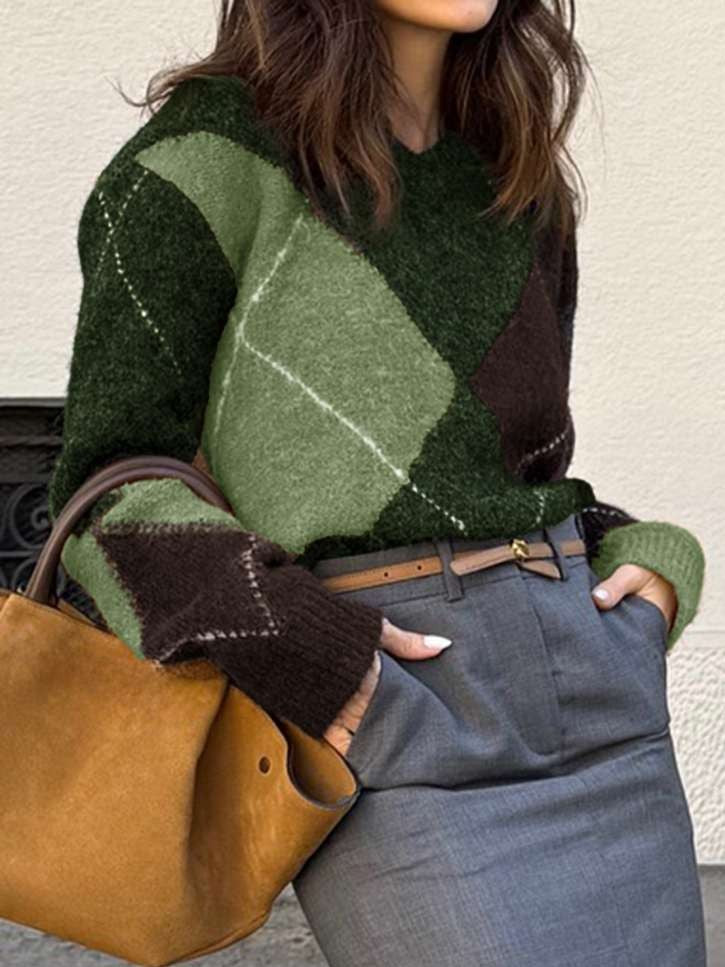 Winter Style Rhombus Lattice V Neck Green Pullover Sweater