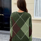 Winter Style Rhombus Lattice V Neck Green Pullover Sweater
