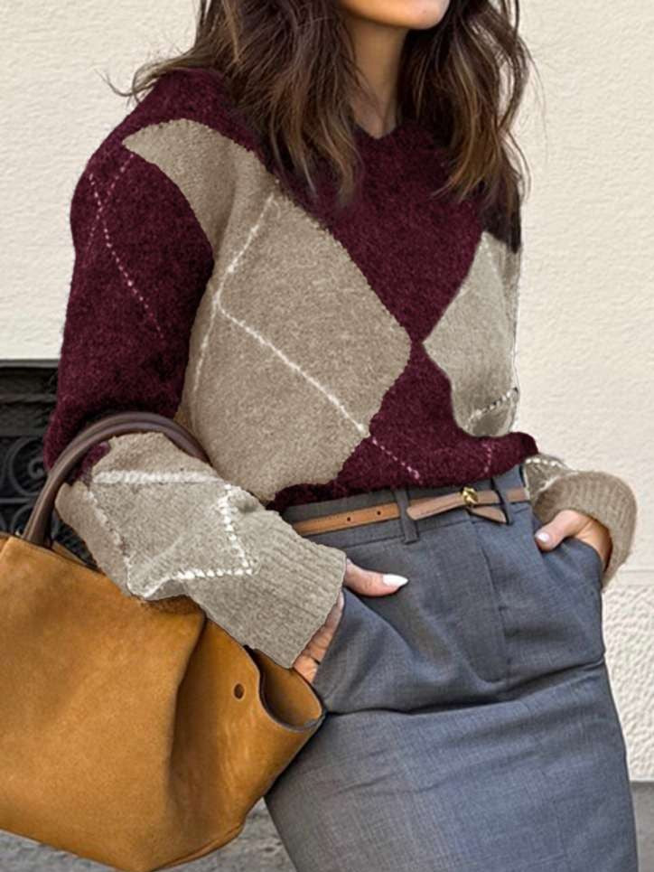 Winter Style Rhombus Lattice V Neck Burgundy Pullover Sweater