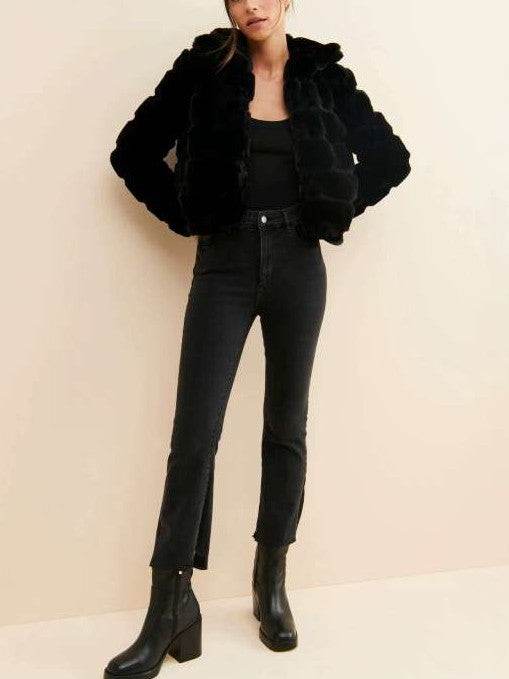 Winter Wear Short Black Faux Fur Lapel Jacket