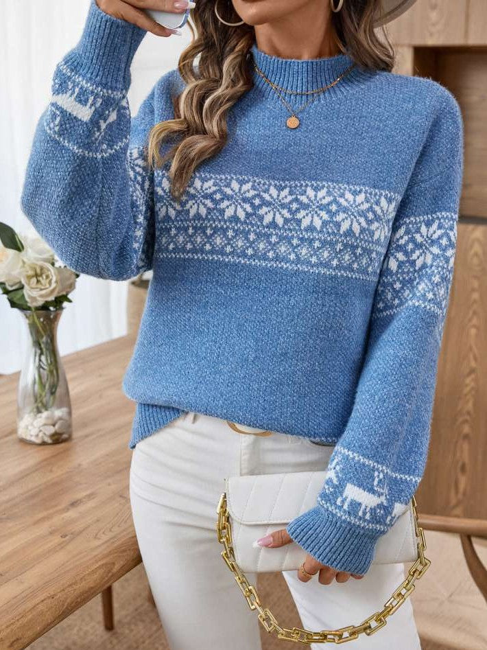 Winter Wear Snowflake Reindeer Mock Neck Long Sleeve Blue Sweater