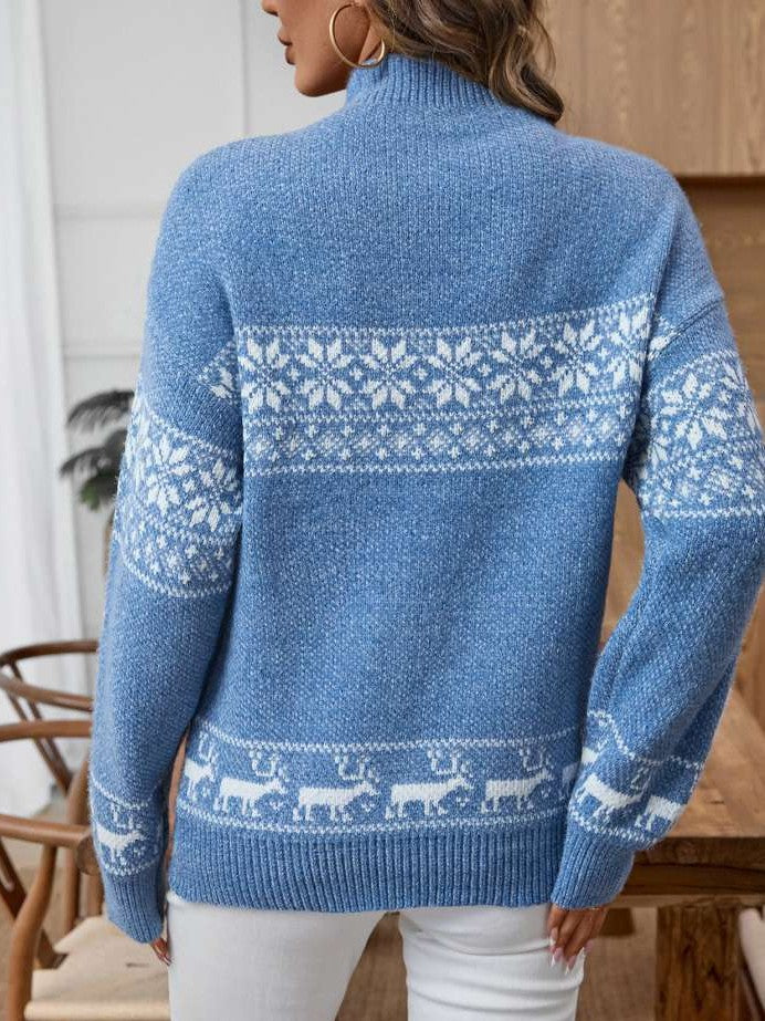 Winter Wear Snowflake Reindeer Mock Neck Long Sleeve Blue Sweater