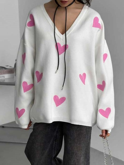 Winter Wear V Neck Long Sleeve Heart Sweater