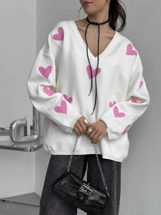 Winter Wear V Neck Long Sleeve Heart Sweater