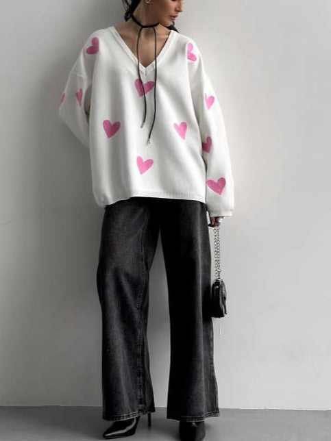 Winter Wear V Neck Long Sleeve Heart Sweater