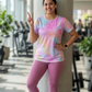 Bright Splash Of Colours Print | Activewear Coord Set Tshirt With Tummy Tuck Pink Leggings | Multi Sport | Odour Free