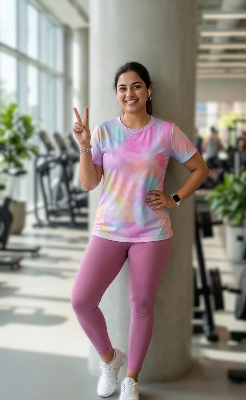 Bright Splash Of Colours Print | Activewear Coord Set Tshirt With Tummy Tuck Pink Leggings | Multi Sport | Odour Free