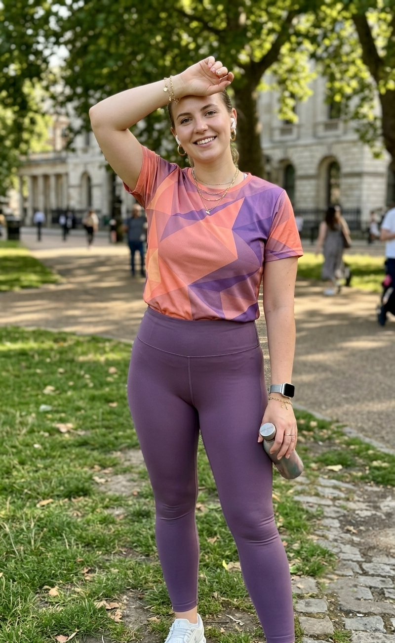 Simple Abstract Triangle Print | Activewear Coord Set Tshirt With Tummy Tuck Purple Leggings | Multi Sport | Odour Free