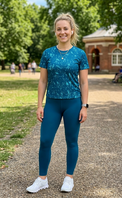 Casual Spray Print | Activewear Coord Set Tshirt With Tummy Tuck Blue Leggings | Multi Sport | Odour Free