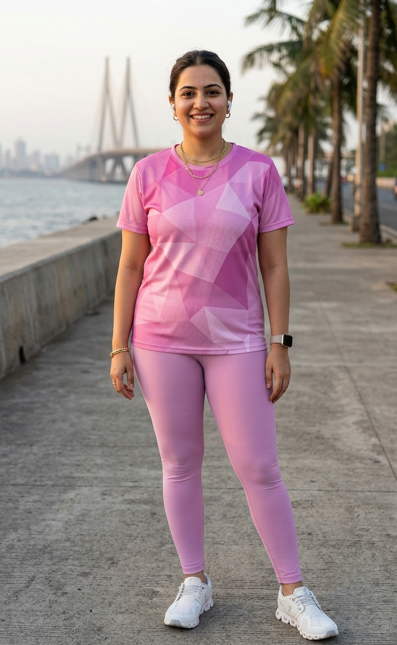 Basic Geometric Print | Activewear Coord Set Tshirt With Tummy Tuck Pink Leggings | Multi Sport | Odour Free