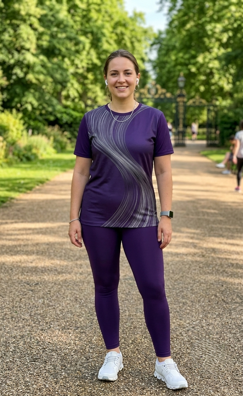 Serene Waves Print | Activewear Coord Set Tshirt With Tummy Tuck Purple Leggings | Multi Sport | Odour Free