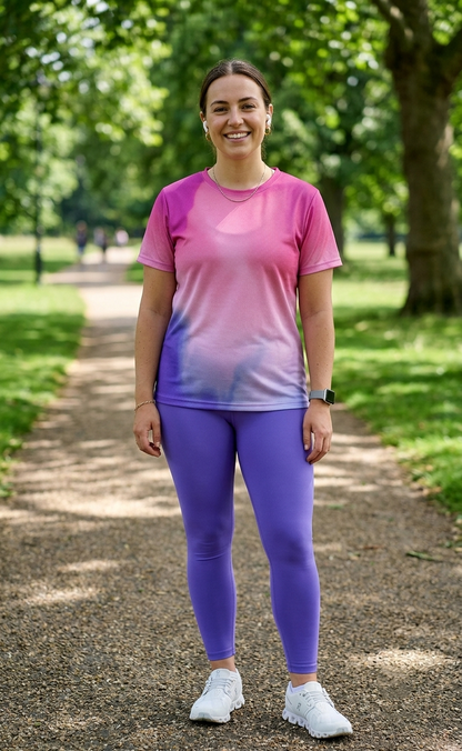 Evergreen Gradient Print | Activewear Coord Set Tshirt With Tummy Tuck Purple Leggings | Multi Sport | Odour Free