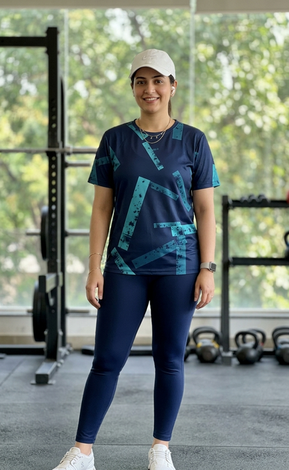 Sporty Angle Print | Activewear Coord Set Tshirt With Tummy Tuck Blue Leggings | Multi Sport | Odour Free