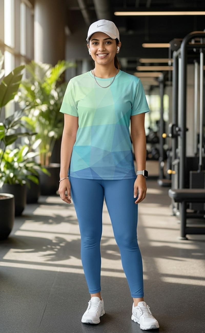 Comforting Waves Print | Activewear Coord Set Tshirt With Tummy Tuck Blue Leggings | Multi Sport | Odour Free