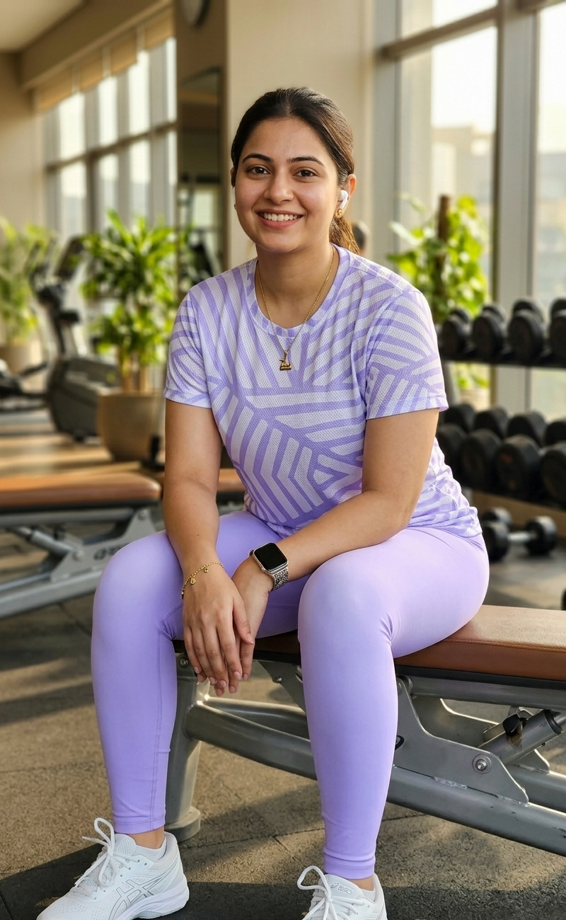 Sophisticated Geometric Print | Activewear Coord Set Tshirt With Tummy Tuck Purple Leggings | Multi Sport | Odour Free