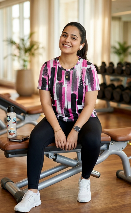 Smart Stroke Style Print | Activewear Coord Set Tshirt With Tummy Tuck Black Leggings | Multi Sport | Odour Free