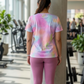 Bright Splash Of Colours Print | Activewear Coord Set Tshirt With Tummy Tuck Pink Leggings | Multi Sport | Odour Free